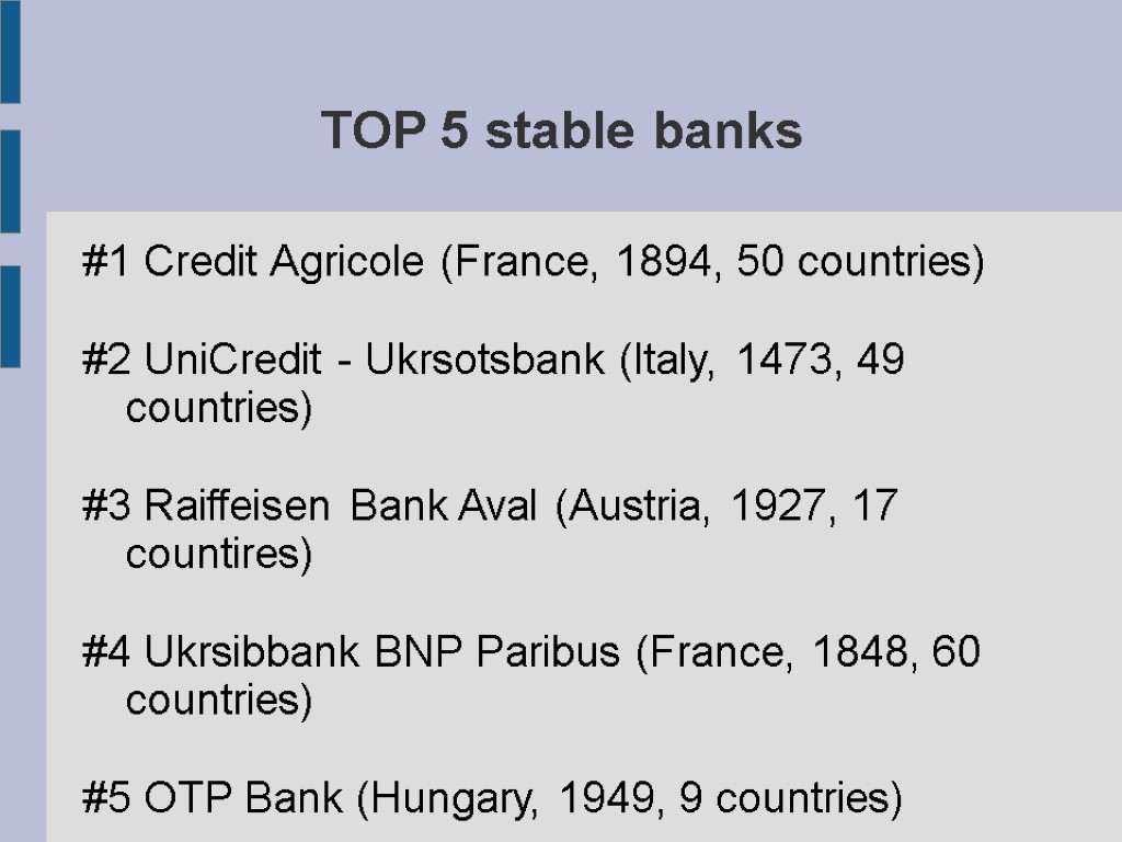 TOP 5 stable banks #1 Credit Agricole (France, 1894, 50 countries) #2 UniCredit -